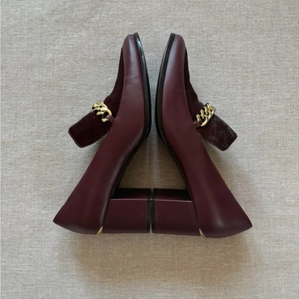 Calvin Klein calf hair burgundy gold block heel chunky chain luxury loafers 7.5